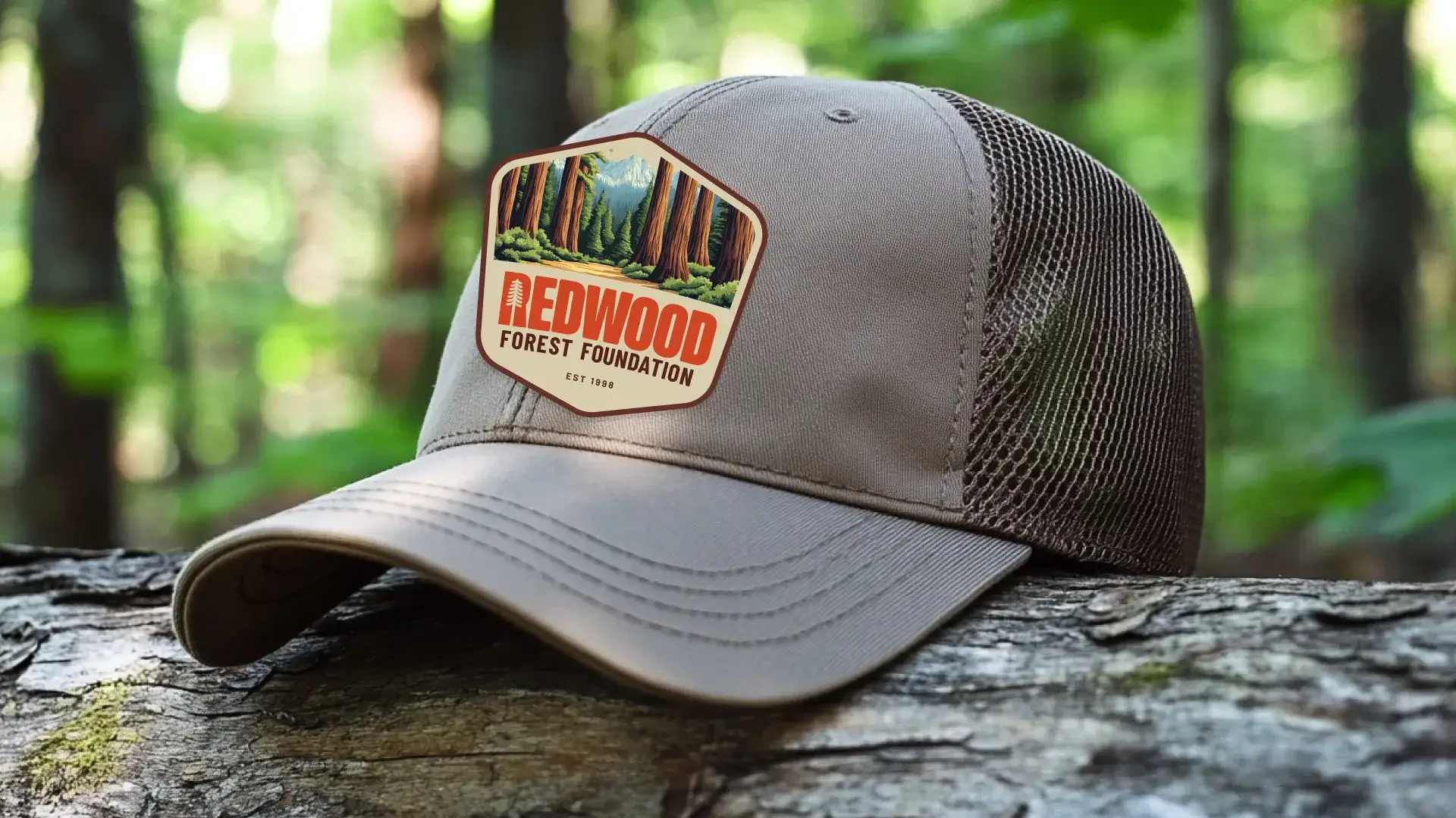 A cap with the redwood grove patch, on a fallen log