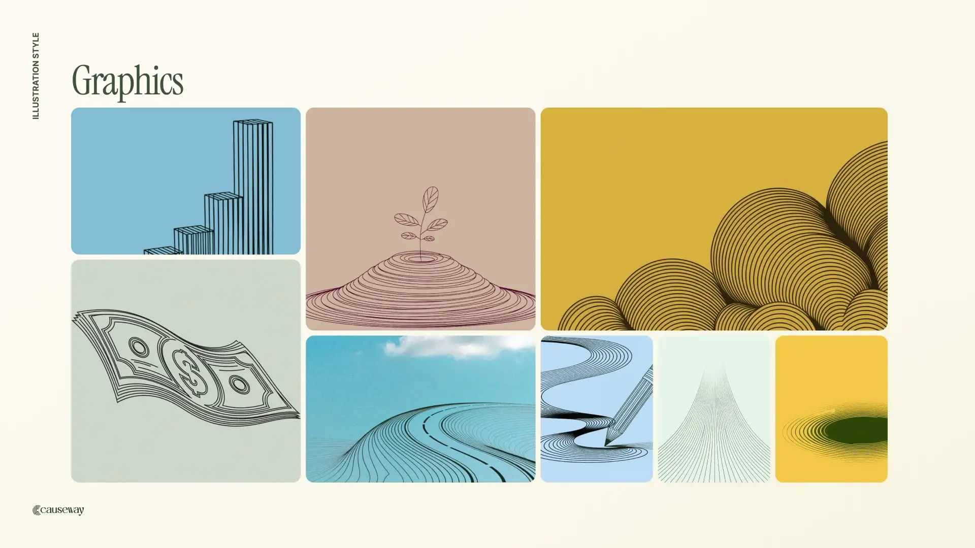 Graphics board: line-drawn buildings, money, a sprouting plant and hills on blue, pink and yellow grounds