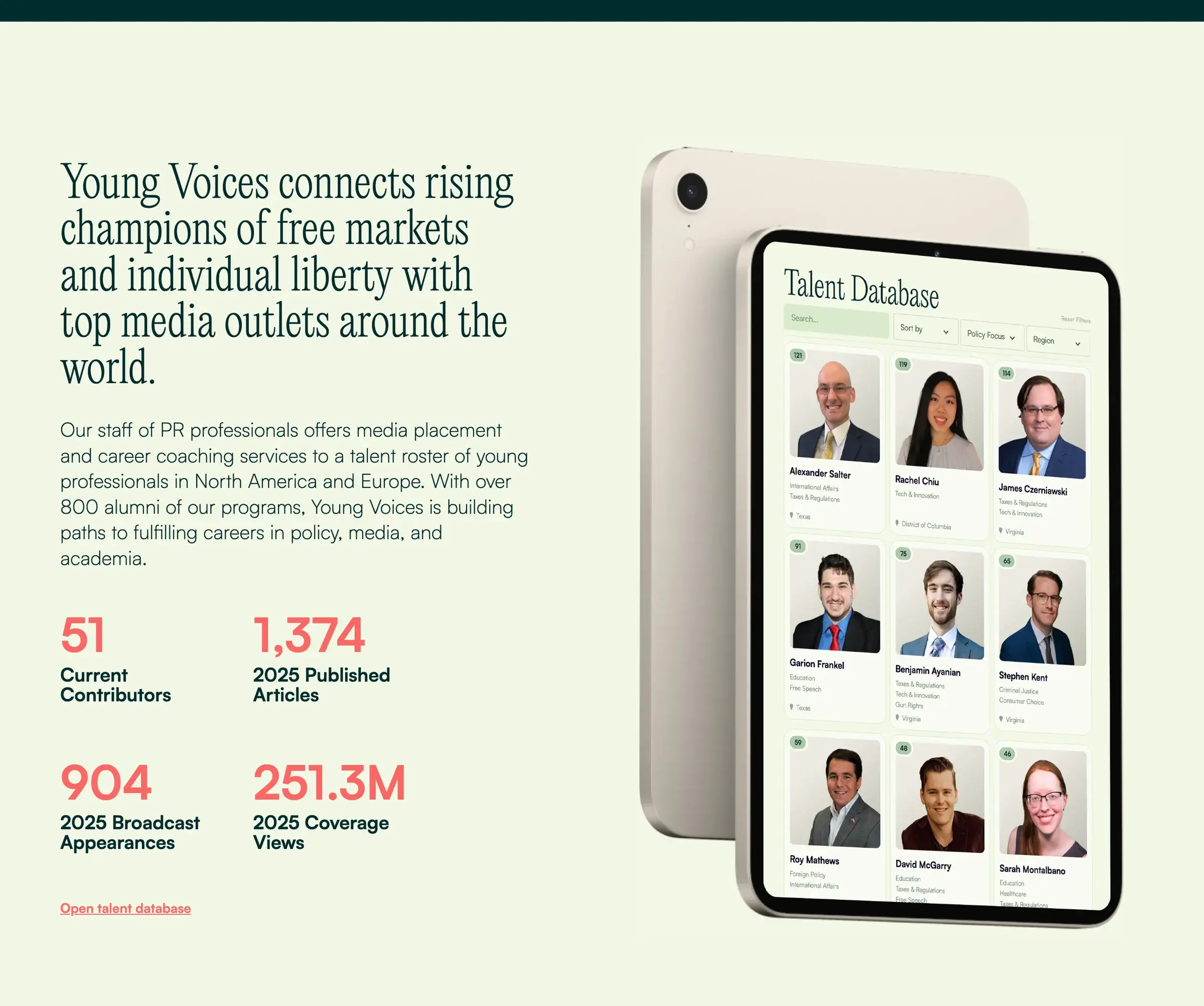 Section of the joinyv.org homepage: “Young Voices connects rising champions of free markets and individual liberty with top media outlets around the world,” 2025 stats, and a tablet showing the Talent Database