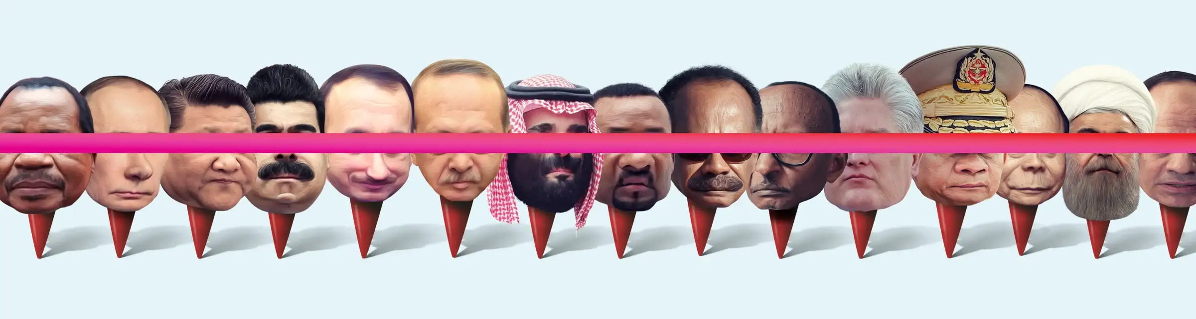 All 15 dictators rendered as red map pins in a row, a pink line running across their eyes