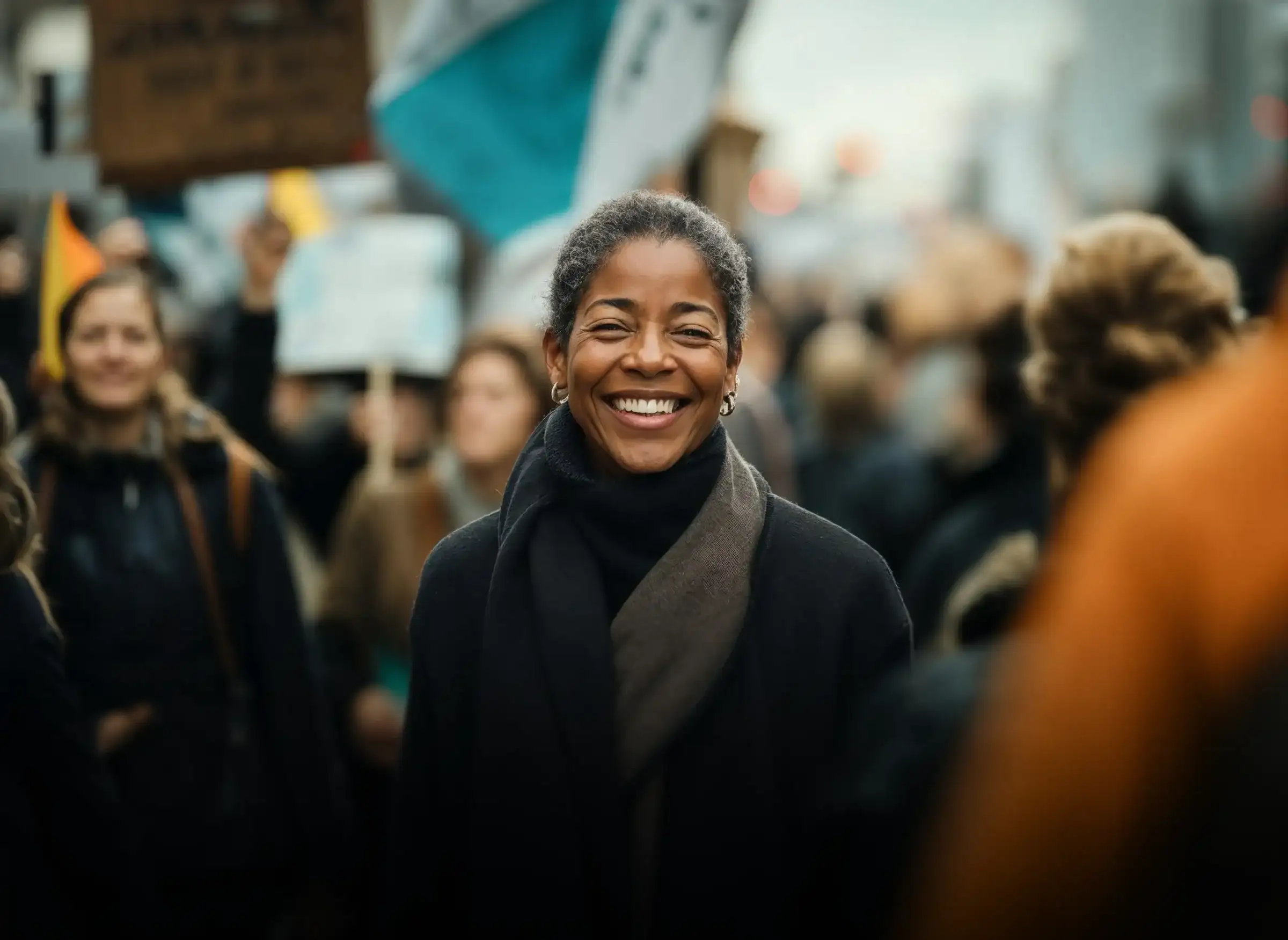 A smiling woman in a dark coat and scarf at a crowded street march, placards behind her