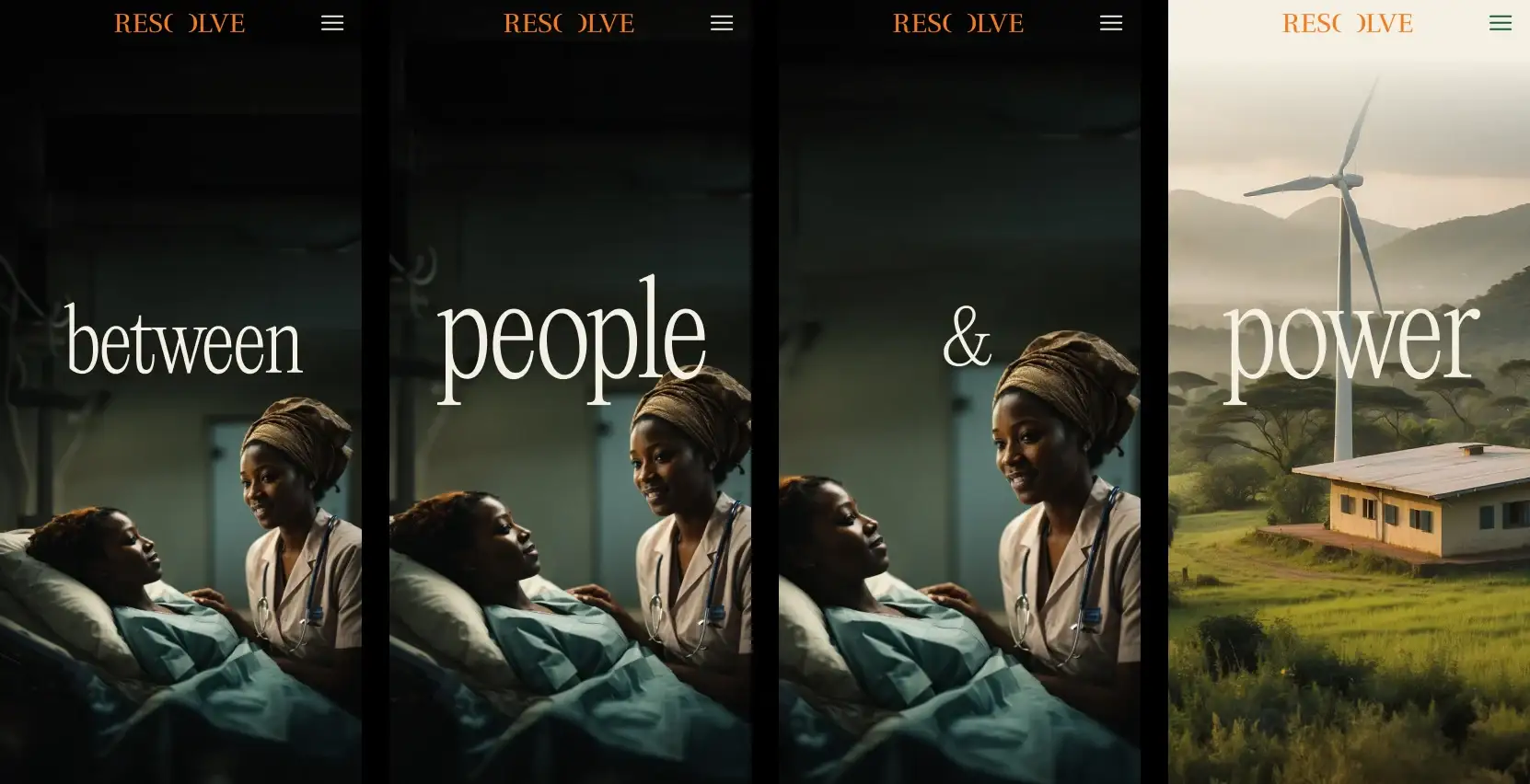 Mobile hero sequence: “between people & power,” a woman tending a patient by lamplight, then a solar-powered clinic