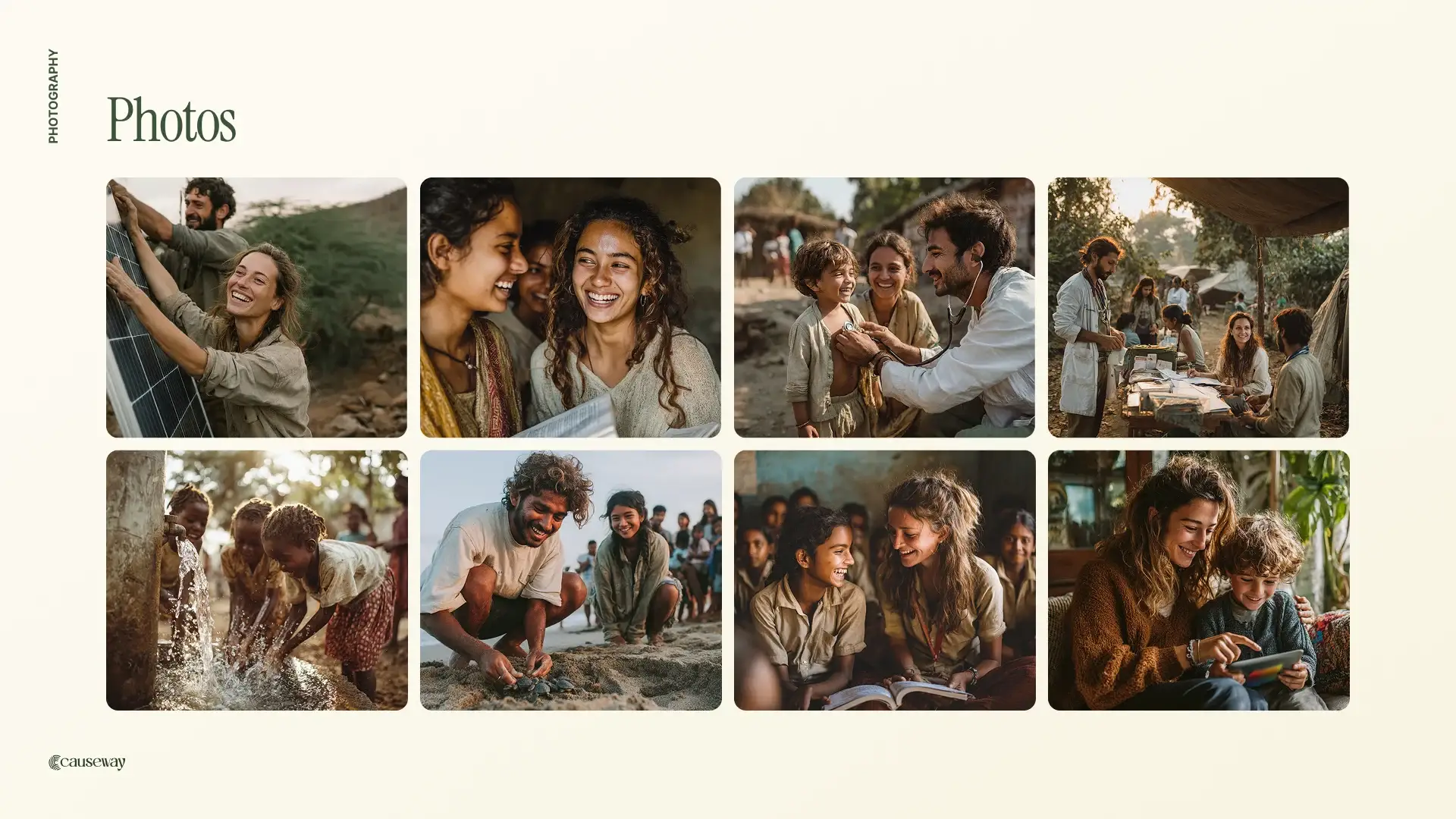 Photography board: people outdoors, laughing, planting and working together in warm light