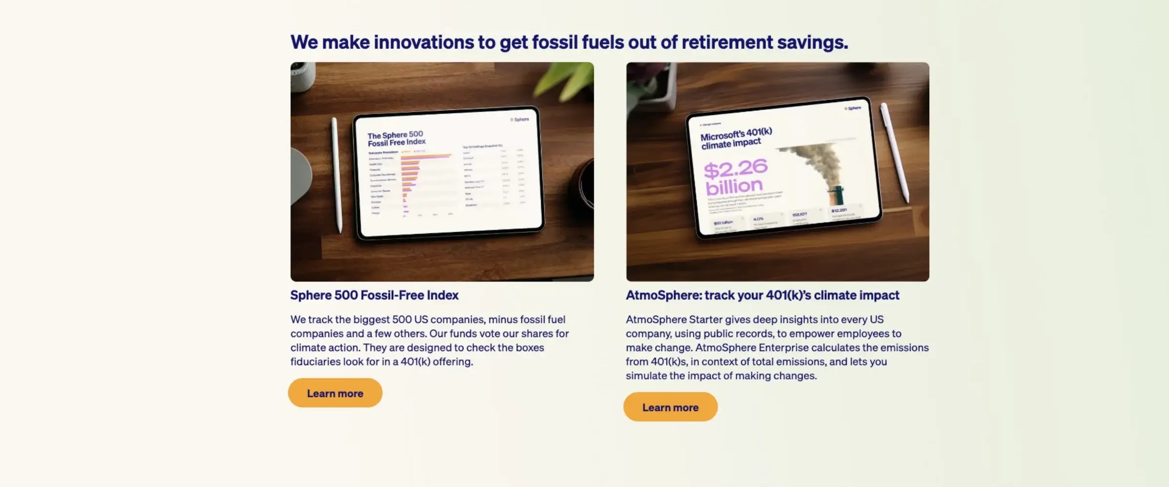 Two product cards on the homepage: the Sphere 500 Fossil-Free Index and AtmoSphere, each shown on a tablet on a wooden desk