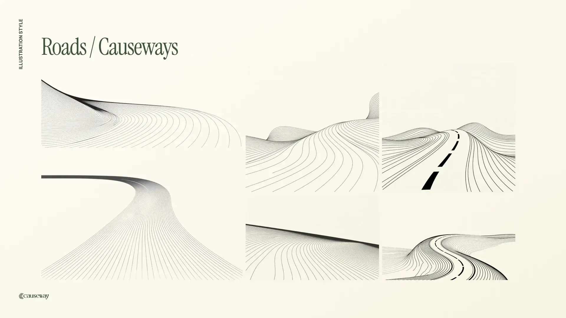 Brand illustration board titled Roads / Causeways: winding roads and hills drawn in fine black lines