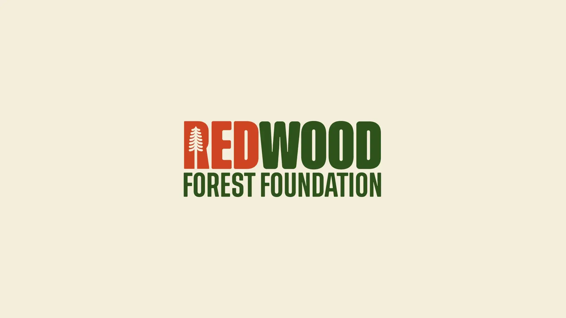 The Redwood Forest Foundation logo: a redwood standing in for the R of REDWOOD, in red and green on cream