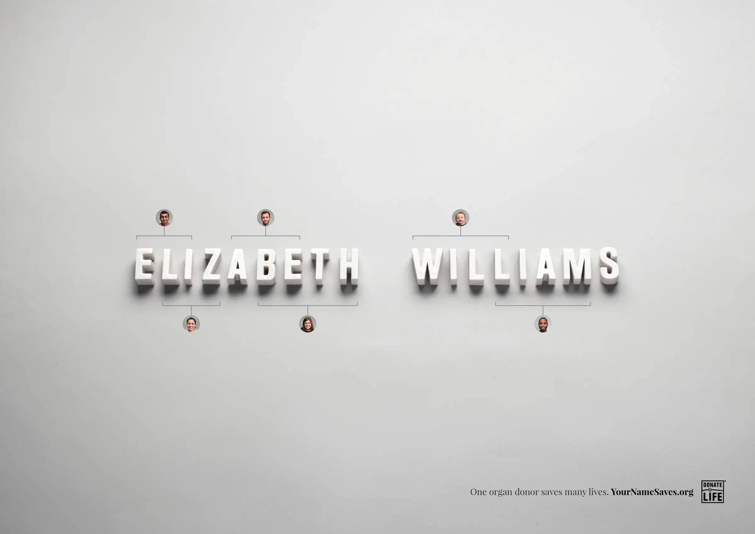 Print ad: the names hidden inside Elizabeth Williams, set in the 3D-printed type