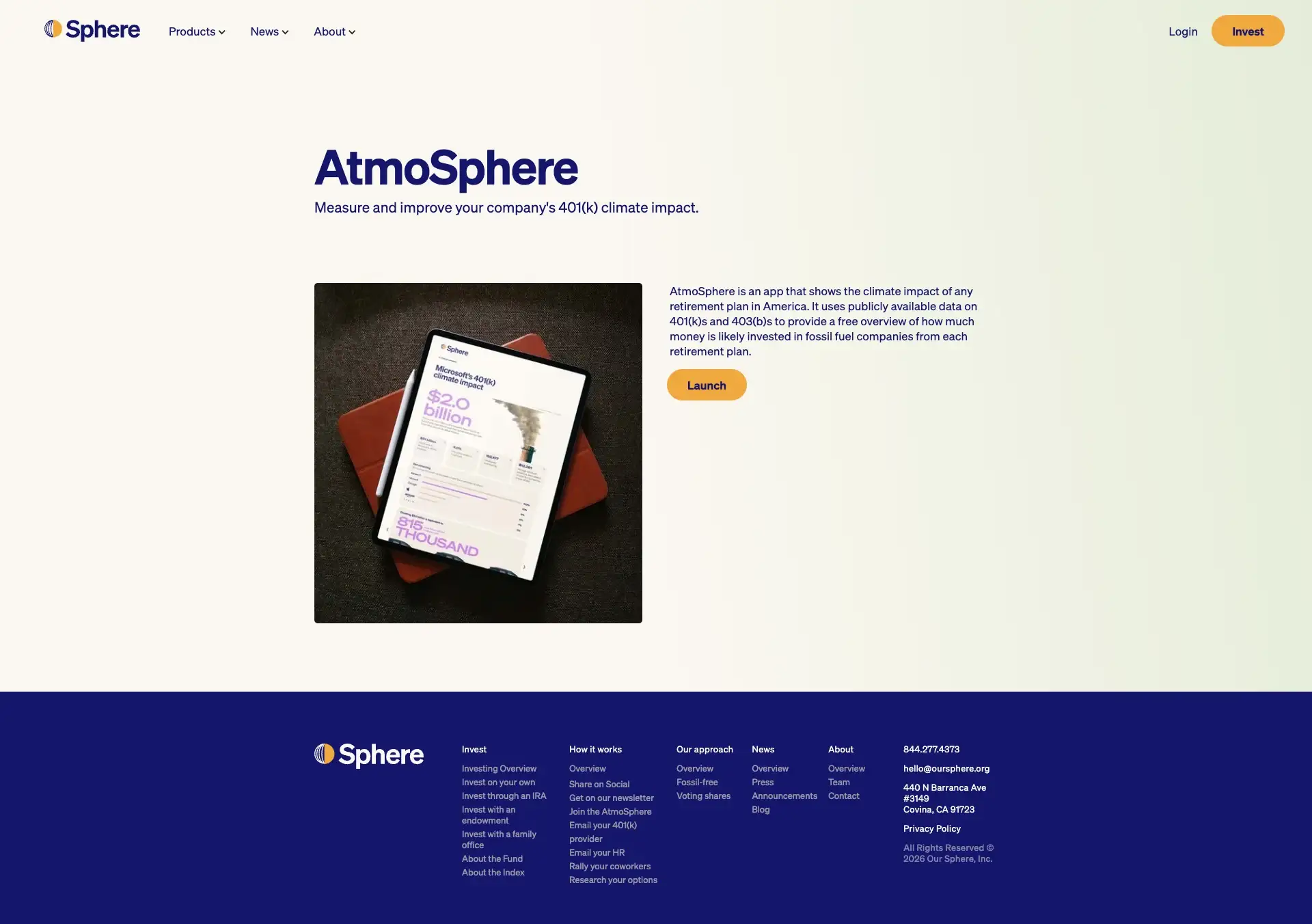 The AtmoSphere page on oursphere.org: 'Measure and improve your company's 401(k) climate impact'