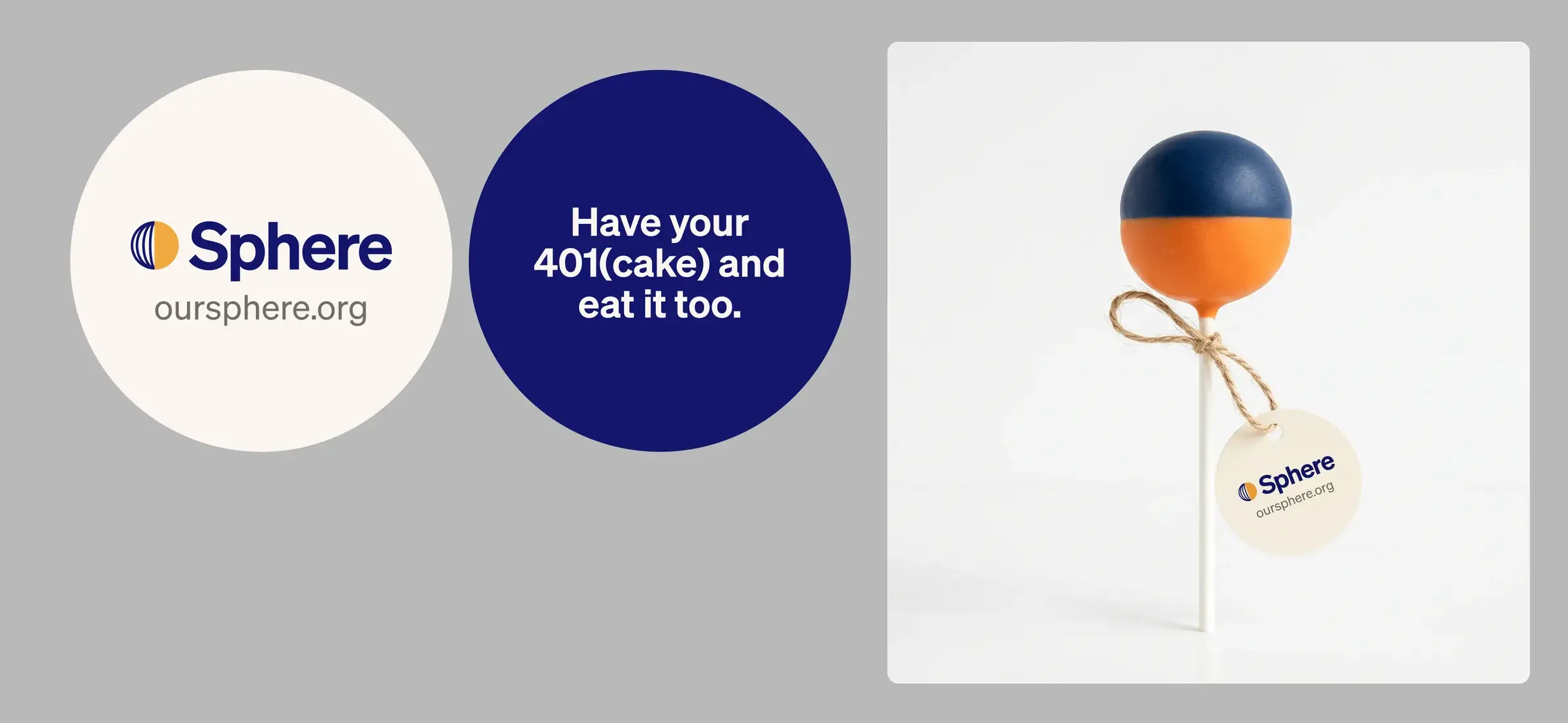 Sphere cake pops in the brand's orange and navy, with a hang tag, made for the 401(cake) booth