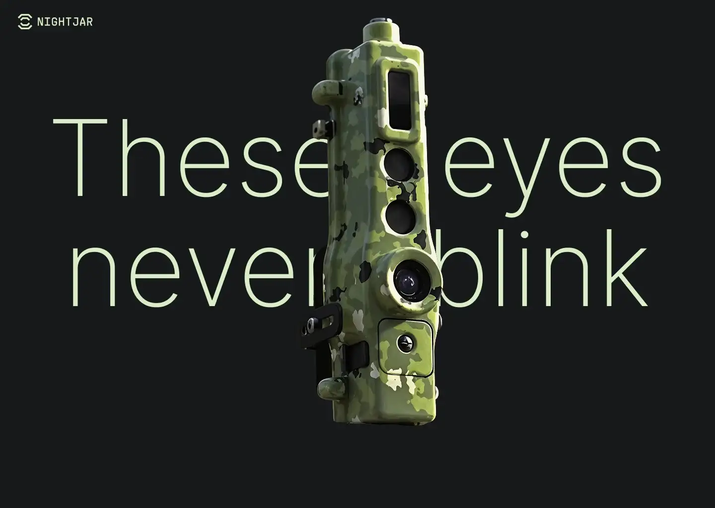 The TrailGuard camera on a black background behind the words “These eyes never blink”