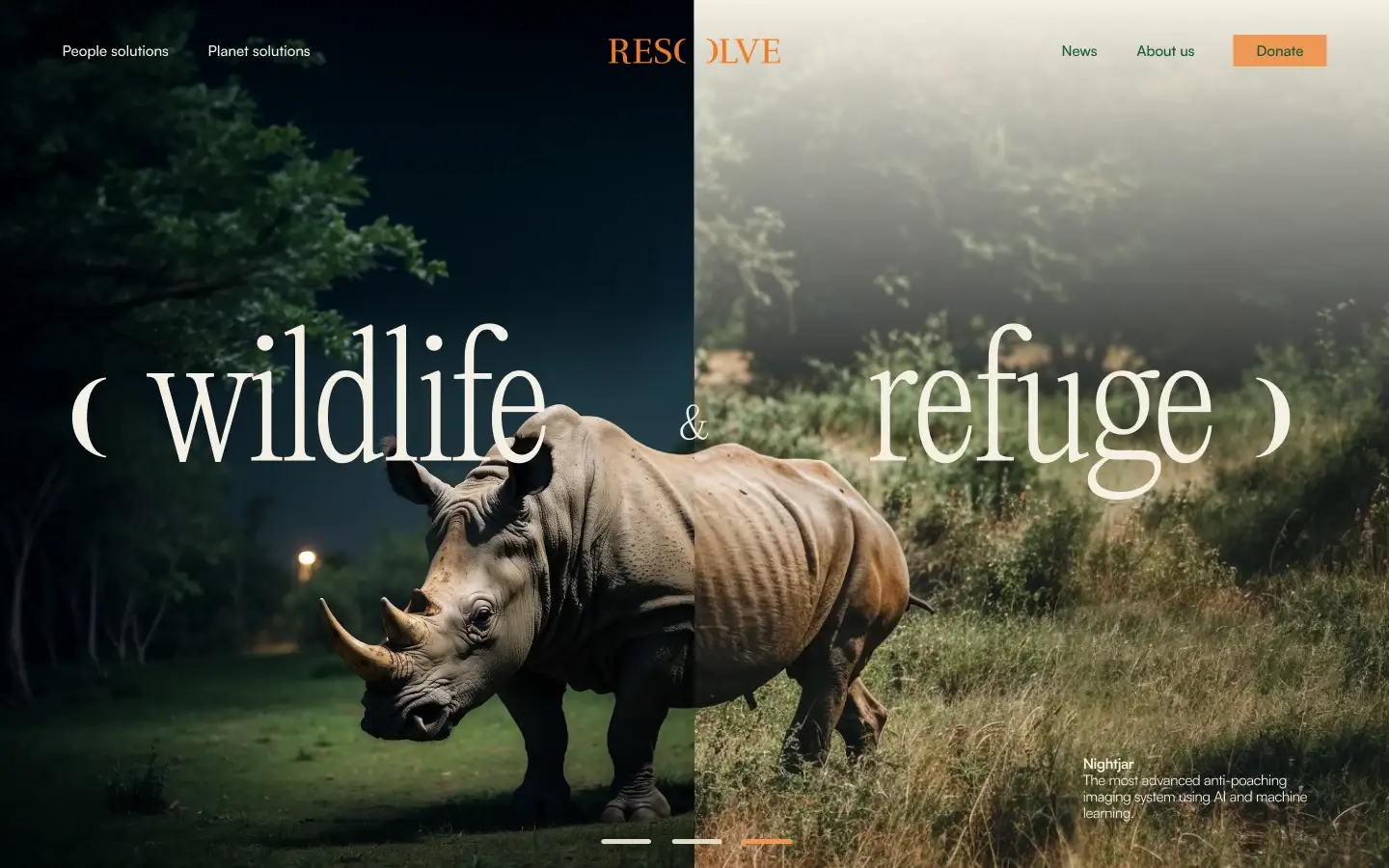 Home-page hero: “wildlife” and “refuge,” a rhino at night beside the same rhino in a green meadow